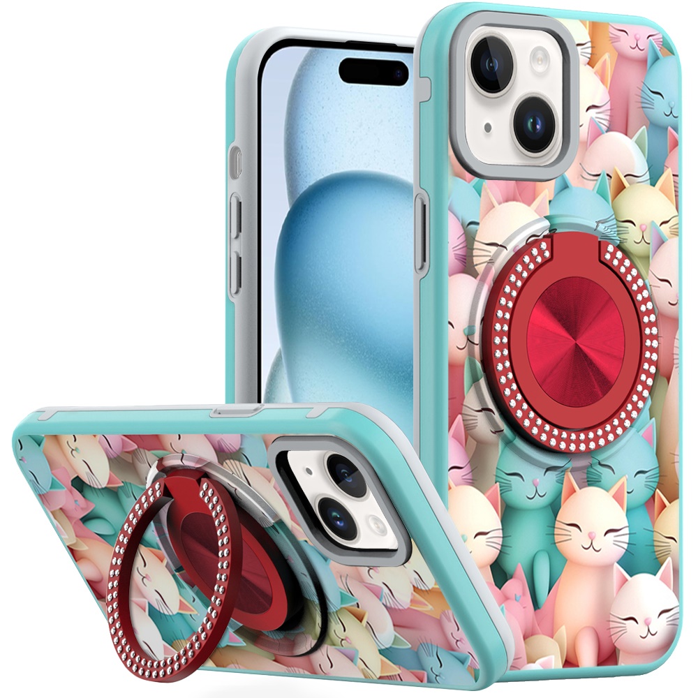 for iphone 15 metal diamond cd pattern design matte finished hybrid with rotational ring [car mount friendly] case cats