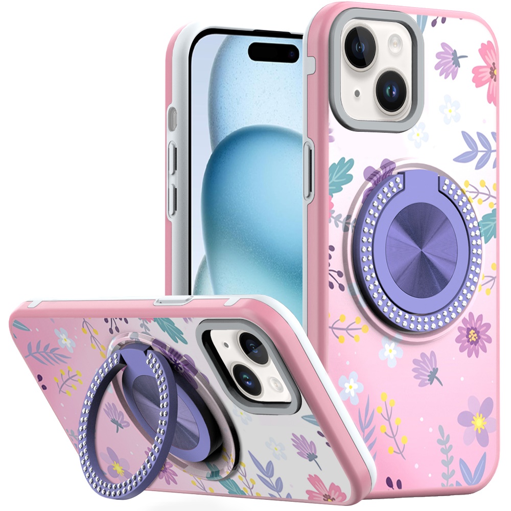 for iphone 15 metal diamond cd pattern design matte finished hybrid with rotational ring [car mount friendly] case floral c