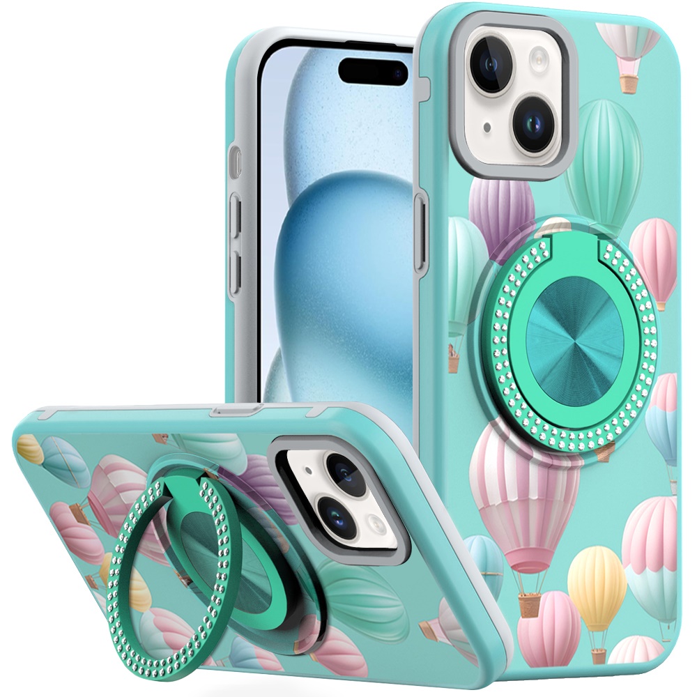 for iphone 15 metal diamond cd pattern design matte finished hybrid with rotational ring [car mount friendly] case hot air balloon
