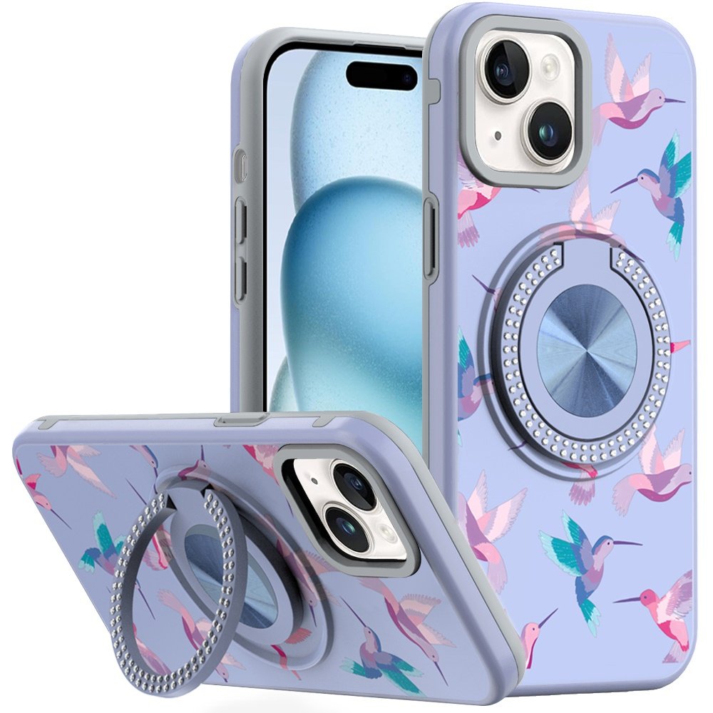 for iphone 15 metal diamond cd pattern design matte finished hybrid with rotational ring [car mount friendly] case hummingbird & floral