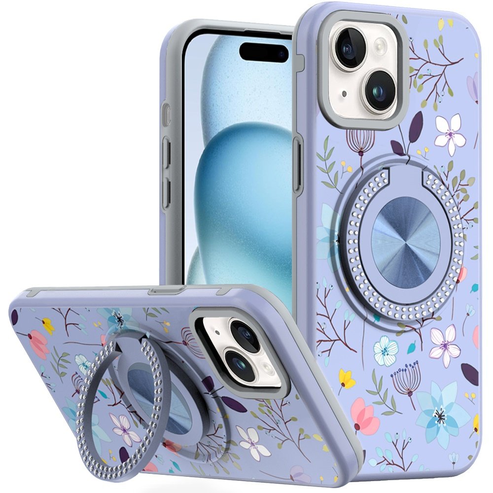 for iphone 15 metal diamond cd pattern design matte finished hybrid with rotational ring [car mount friendly] case lavender floral