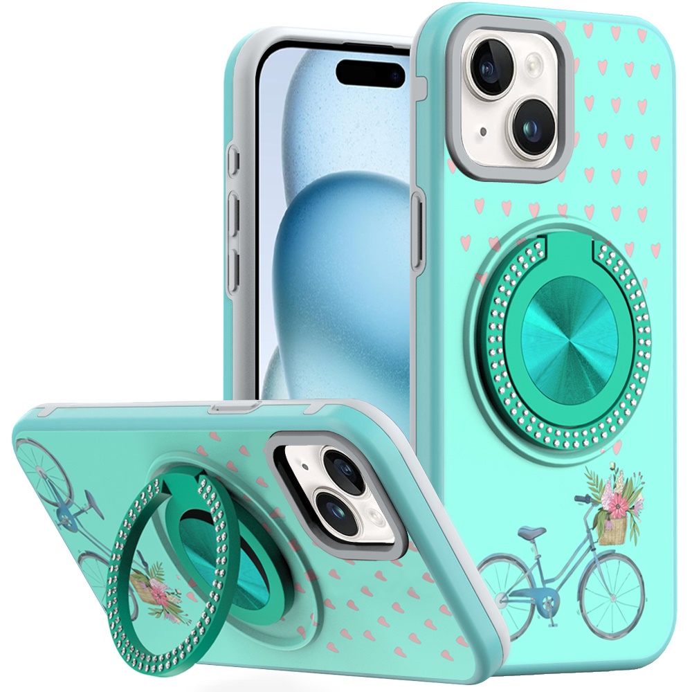 for iphone 15 metal diamond cd pattern design matte finished hybrid with rotational ring [car mount friendly] case teal bicycle with flowers