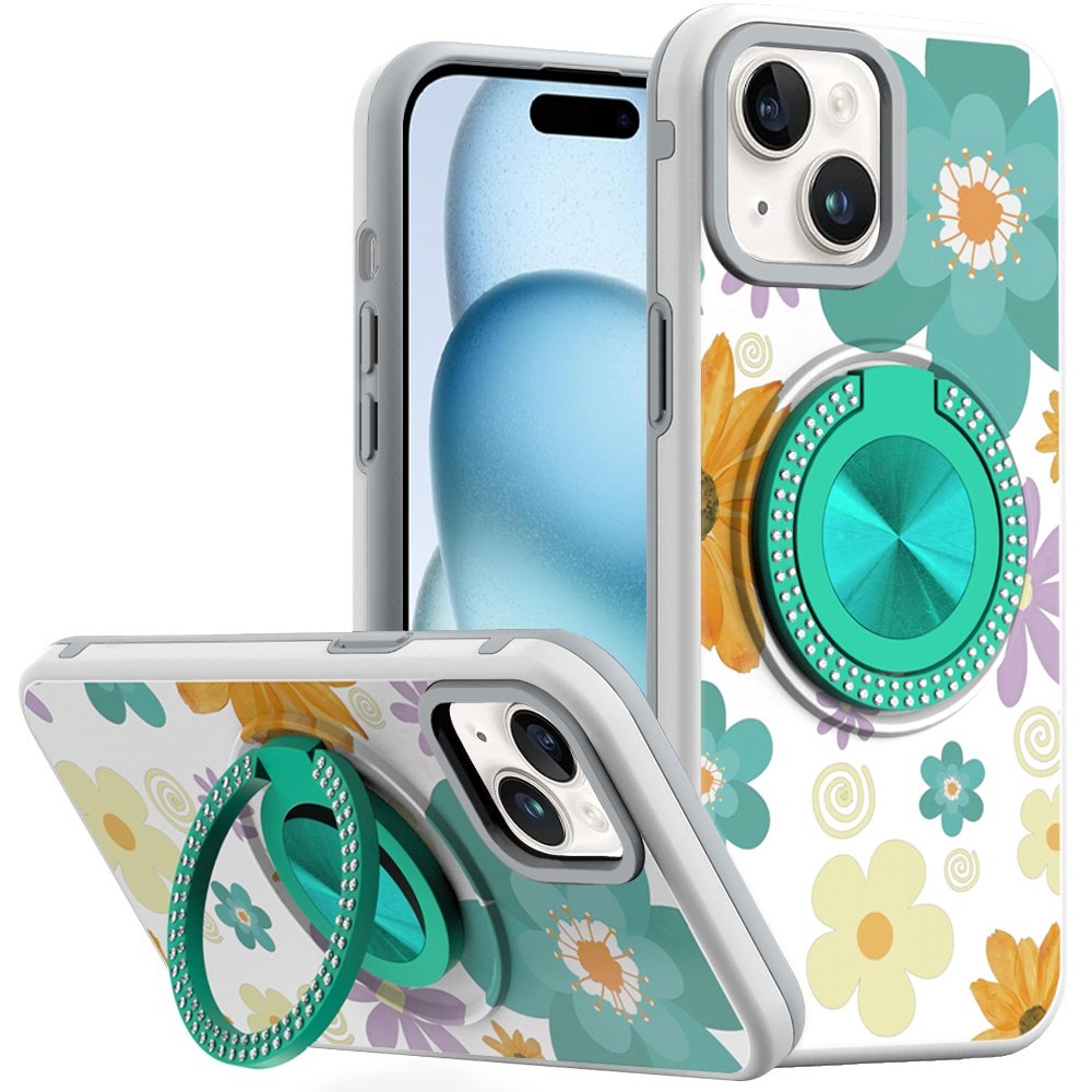for iphone 15 metal diamond cd pattern design matte finished hybrid with rotational ring [car mount friendly] case yellow & purple flowers