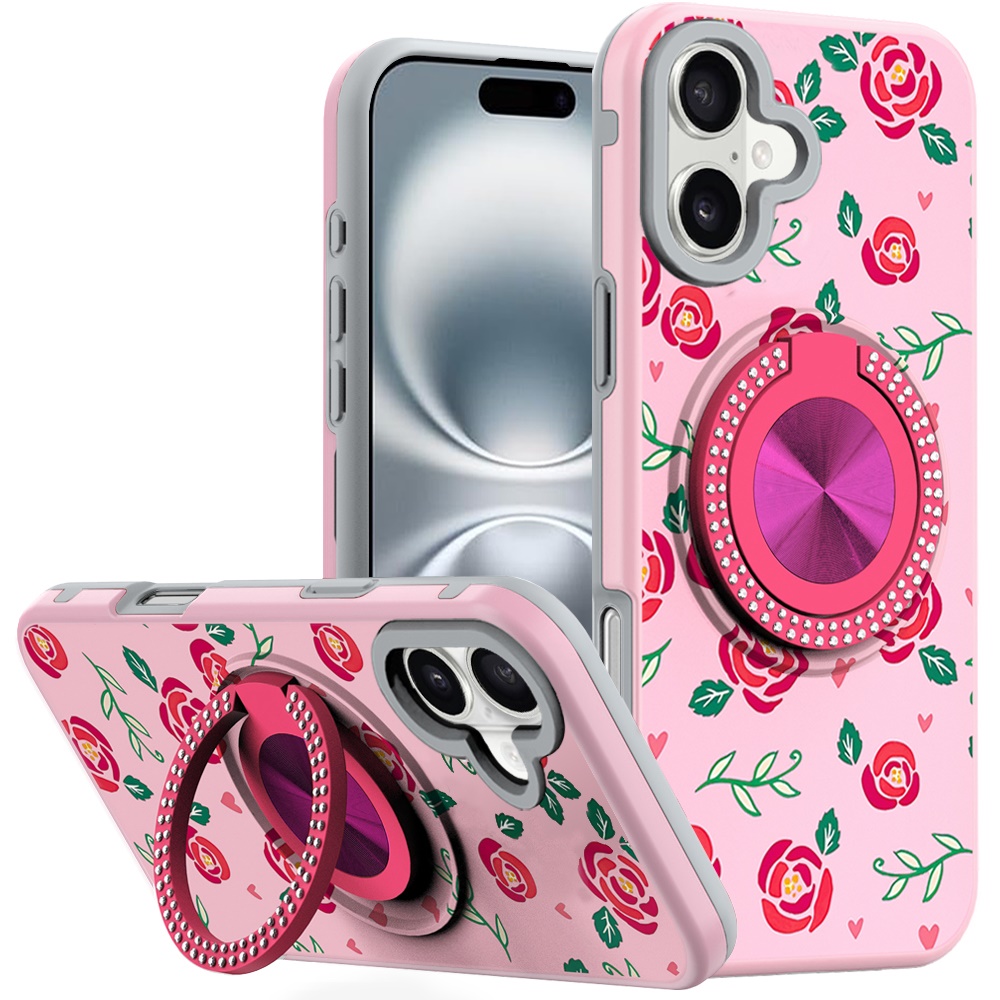 for iphone 16 6.1 inch metal diamond cd pattern design matte finished hybrid with rotational ring [car mount friendly] case 10