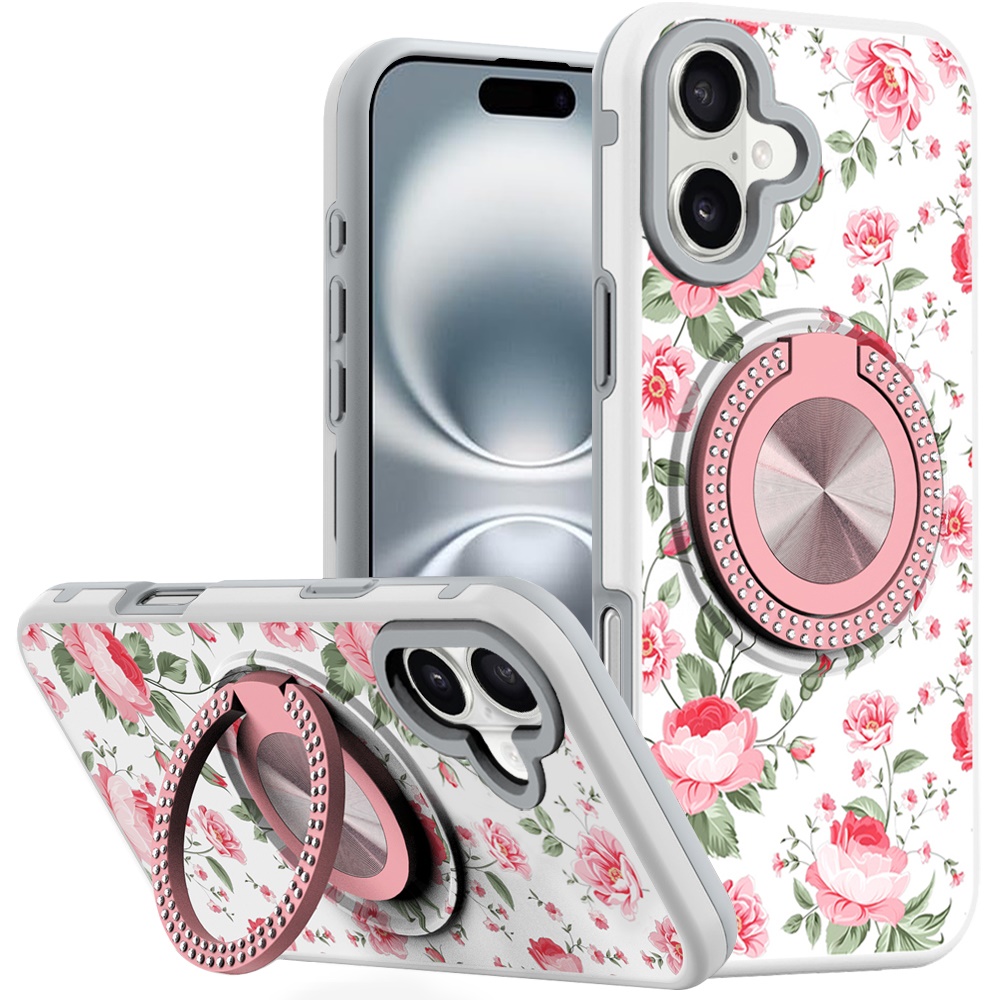 for iphone 16 6.1 inch metal diamond cd pattern design matte finished hybrid with rotational ring [car mount friendly] case 11