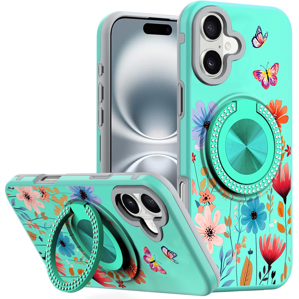 for iphone 16 6.1 inch metal diamond cd pattern design matte finished hybrid with rotational ring [car mount friendly] case 12