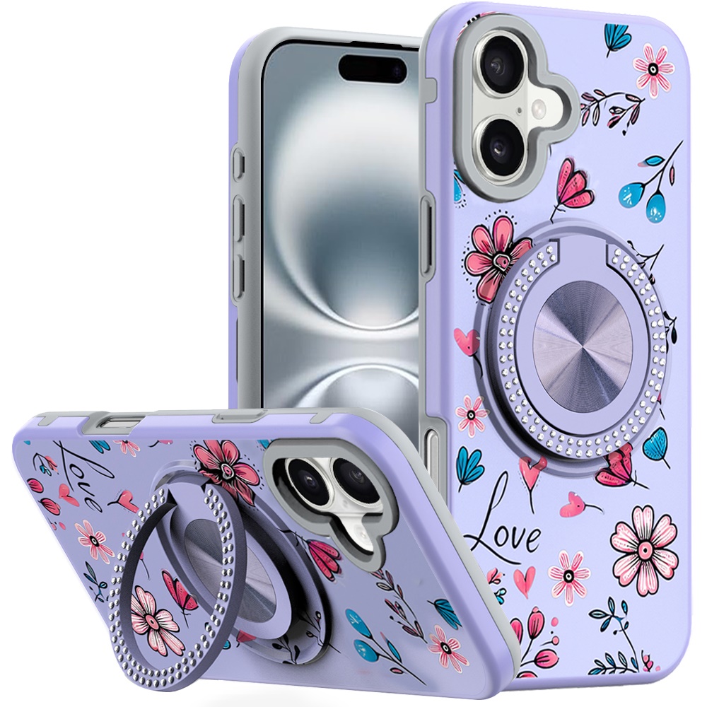 for iphone 16 6.1 inch metal diamond cd pattern design matte finished hybrid with rotational ring [car mount friendly] case 13