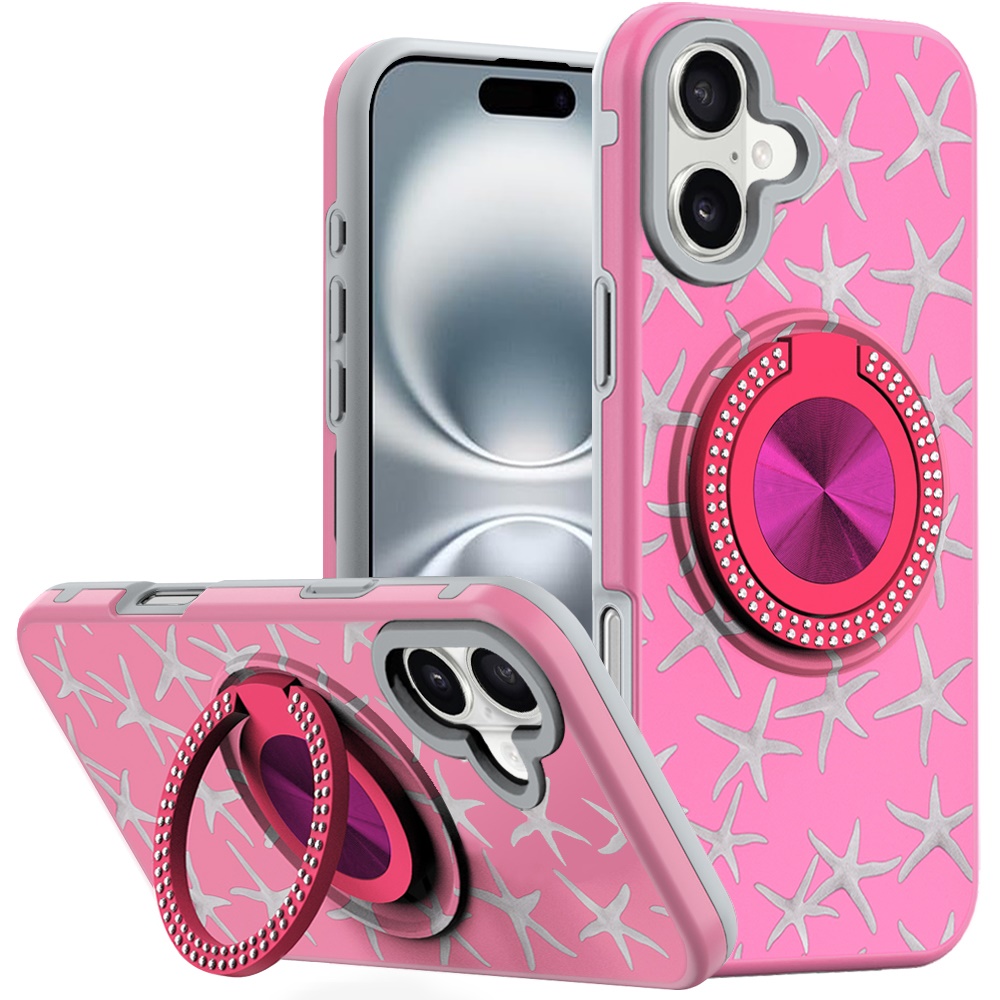 for iphone 16 6.1 inch metal diamond cd pattern design matte finished hybrid with rotational ring [car mount friendly] case 1