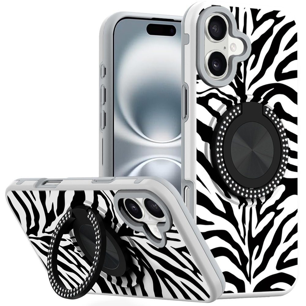 for iphone 16 6.1 inch metal diamond cd pattern design matte finished hybrid with rotational ring [car mount friendly] case 3