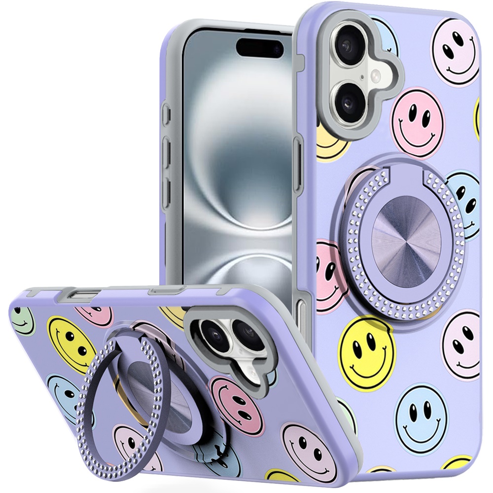 for iphone 16 6.1 inch metal diamond cd pattern design matte finished hybrid with rotational ring [car mount friendly] case 5