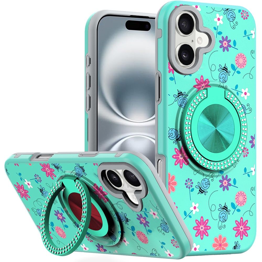 for iphone 16 6.1 inch metal diamond cd pattern design matte finished hybrid with rotational ring [car mount friendly] case 6