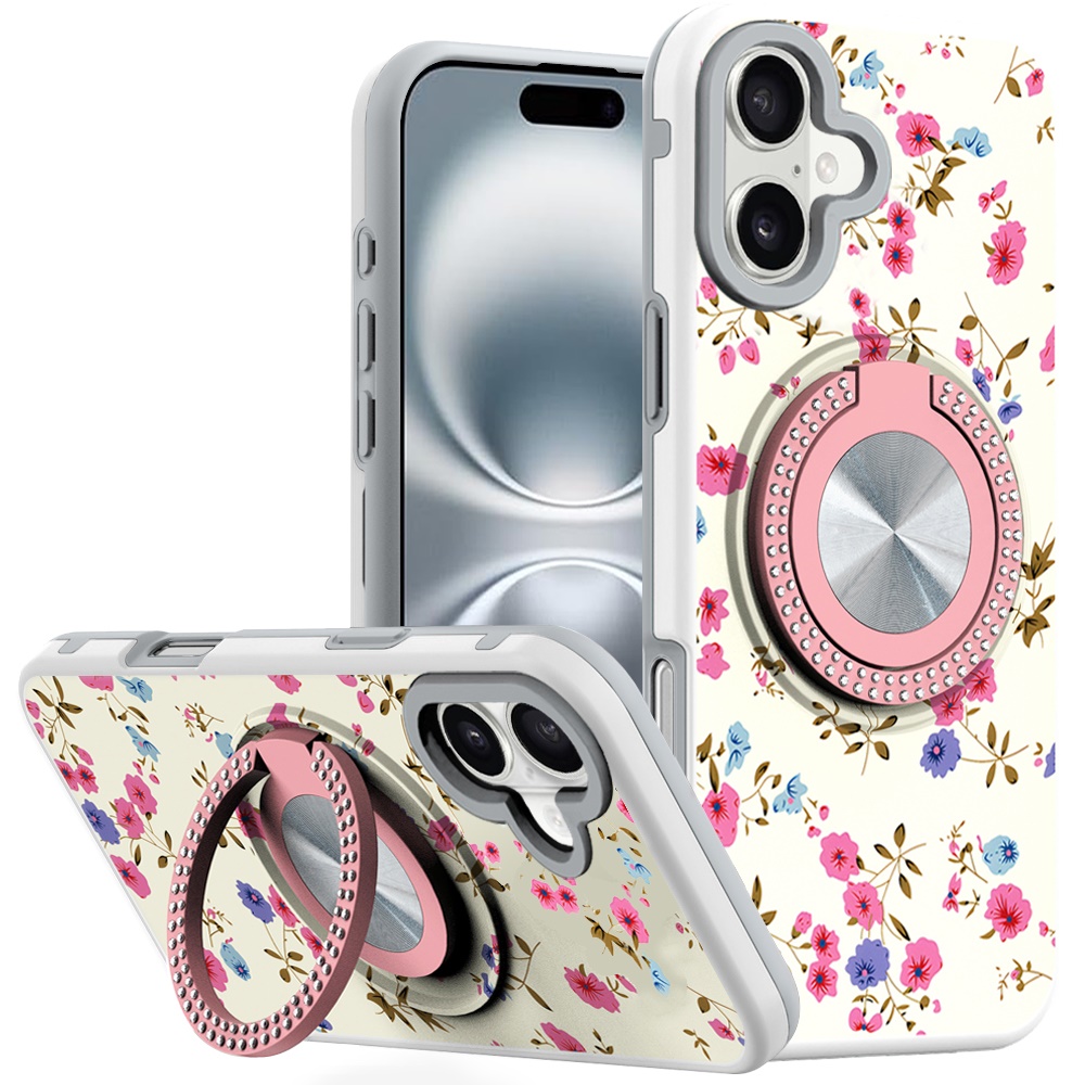 for iphone 16 6.1 inch metal diamond cd pattern design matte finished hybrid with rotational ring [car mount friendly] case 8