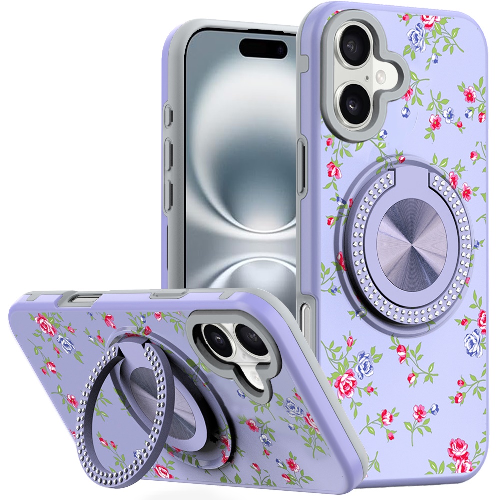 for iphone 16 6.1 inch metal diamond cd pattern design matte finished hybrid with rotational ring [car mount friendly] case 9