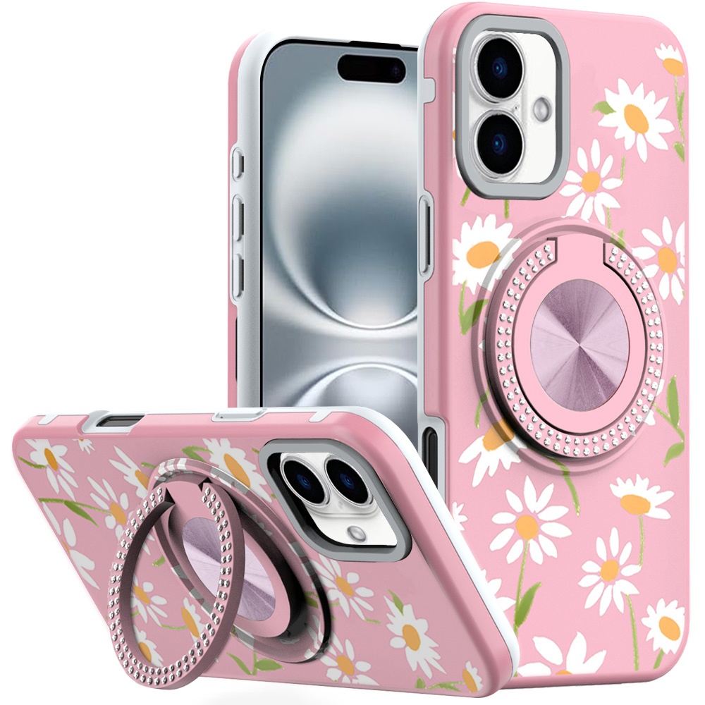for iphone 16 6.1 inch metal diamond cd pattern design matte finished hybrid with rotational ring [car mount friendly] case floral a