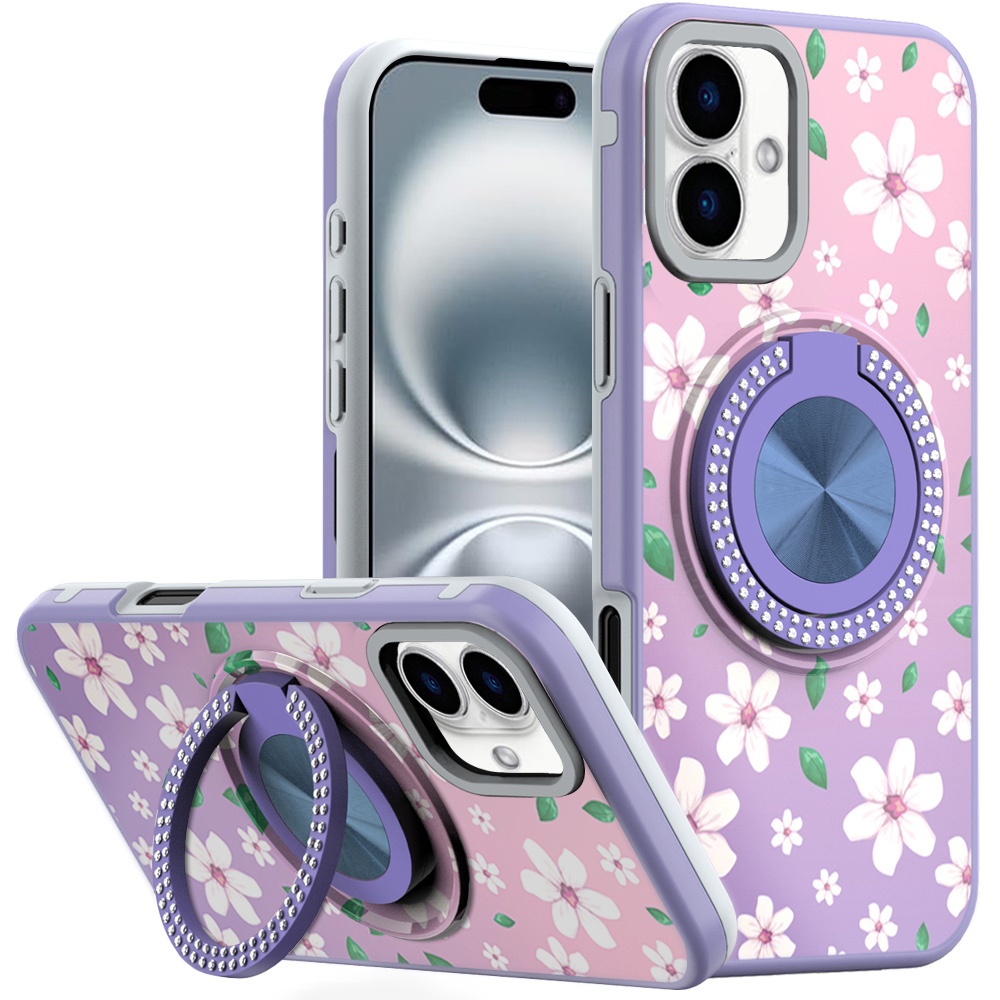 for iphone 16 6.1 inch metal diamond cd pattern design matte finished hybrid with rotational ring [car mount friendly] case floral b