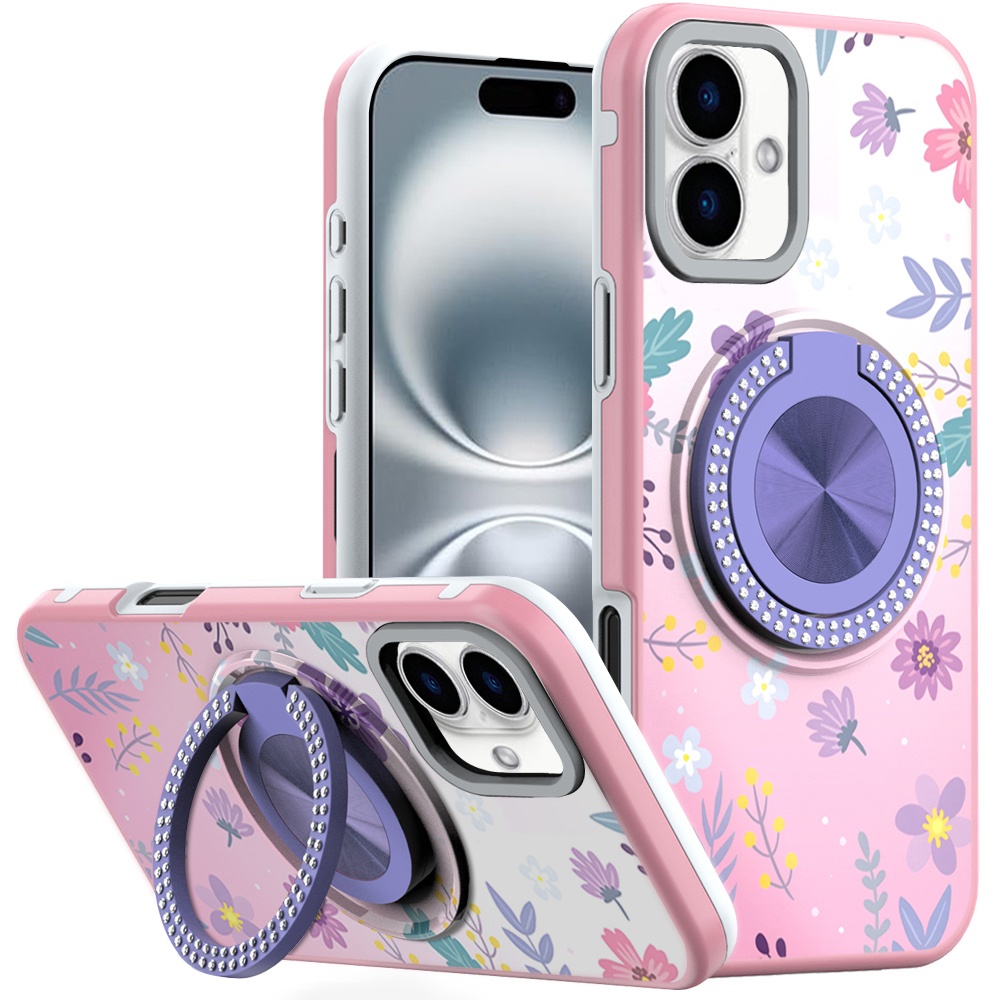 for iphone 16 6.1 inch metal diamond cd pattern design matte finished hybrid with rotational ring [car mount friendly] case floral c