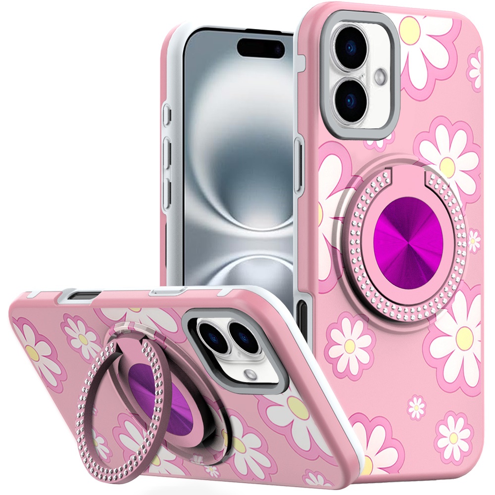 for iphone 16 6.1 inch metal diamond cd pattern design matte finished hybrid with rotational ring [car mount friendly] case floral d