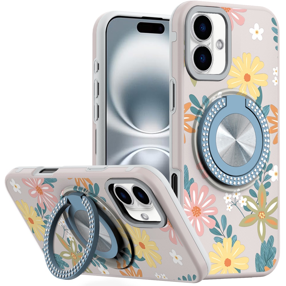 for iphone 16 6.1 inch metal diamond cd pattern design matte finished hybrid with rotational ring [car mount friendly] case floral e
