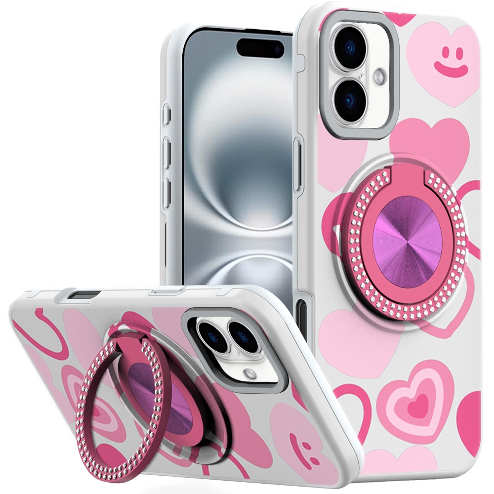 for iphone 16 6.1 inch metal diamond cd pattern design matte finished hybrid with rotational ring [car mount friendly] case hearts