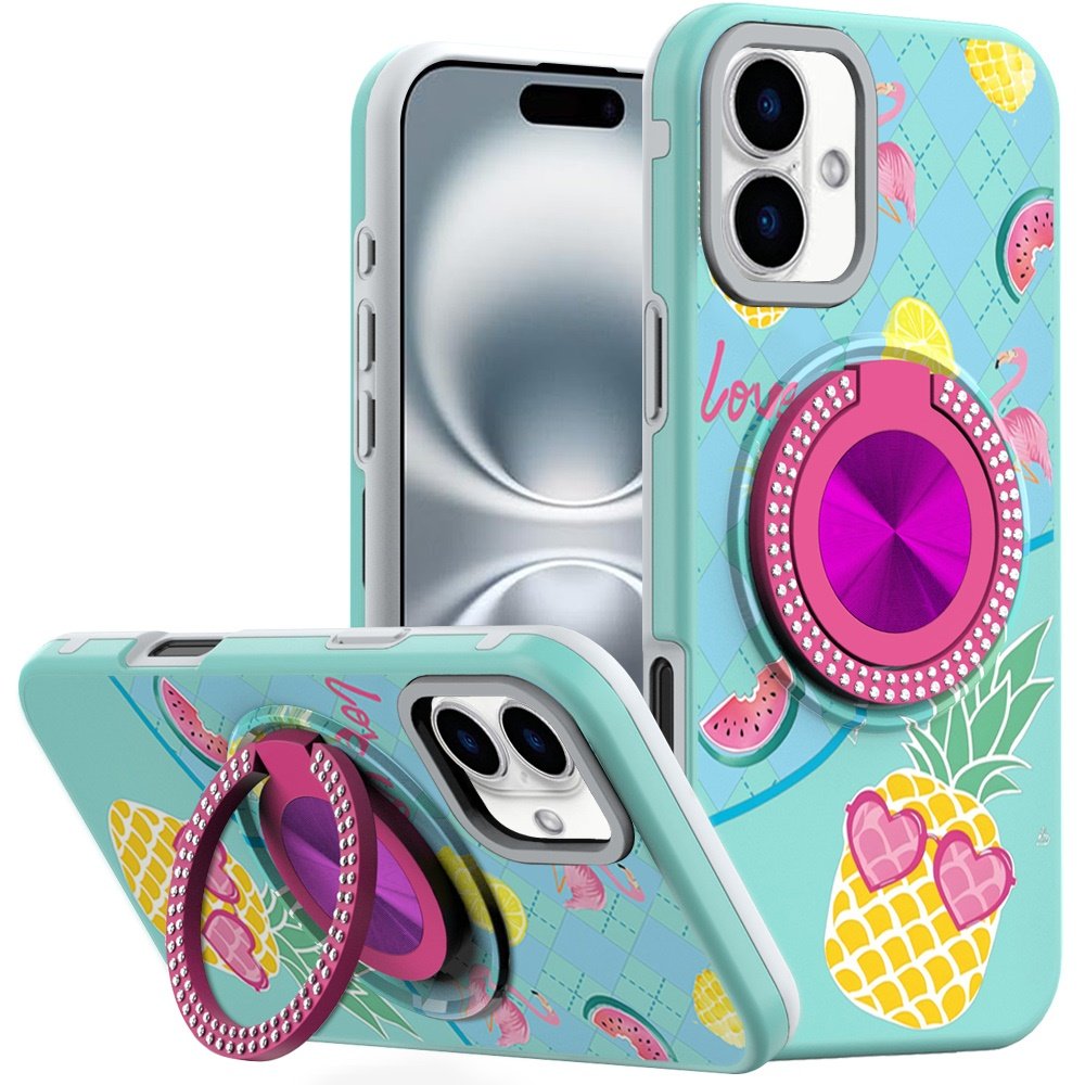 for iphone 16 6.1 inch metal diamond cd pattern design matte finished hybrid with rotational ring [car mount friendly] case pineapple