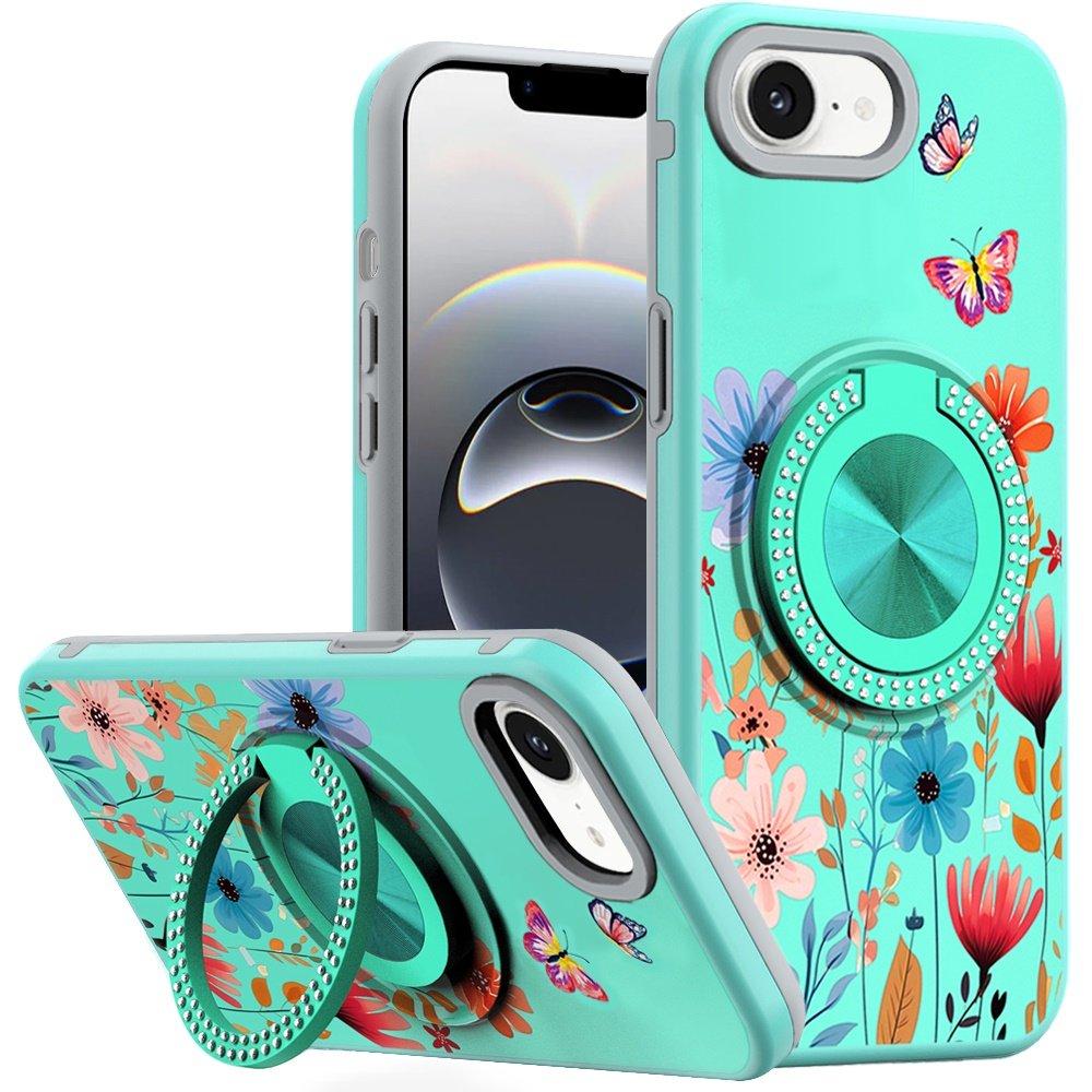 for iphone 17e / 16e / se4 metal diamond cd pattern design matte finished hybrid with rotational ring [car mount friendly] case 12
