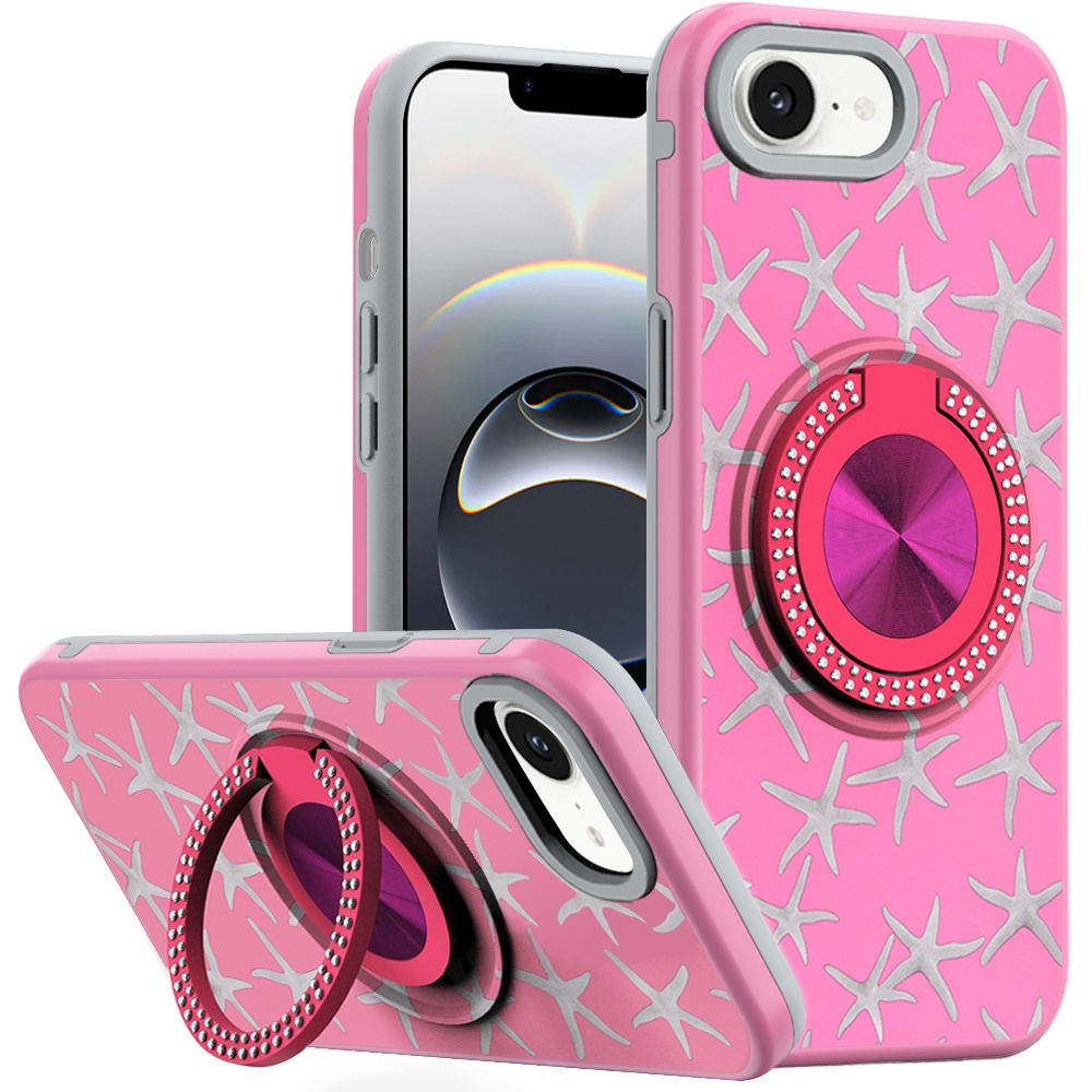 for iphone 17e / 16e / se4 metal diamond cd pattern design matte finished hybrid with rotational ring [car mount friendly] case 1