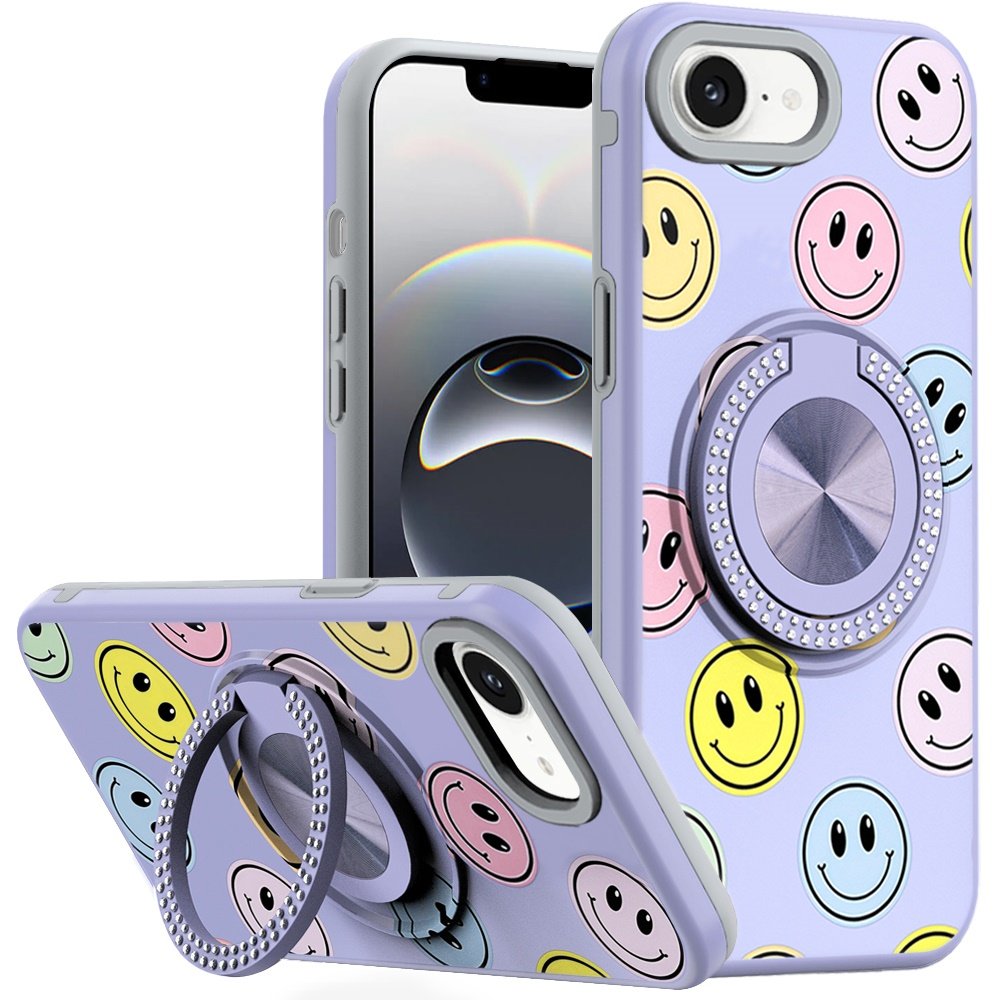 for iphone 17e / 16e / se4 metal diamond cd pattern design matte finished hybrid with rotational ring [car mount friendly] case 5