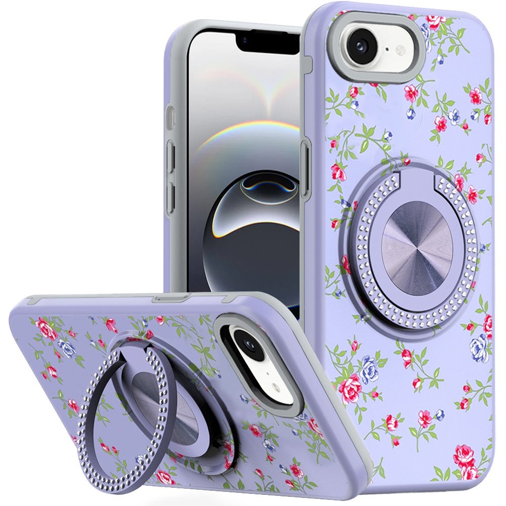 for iphone 17e / 16e / se4 metal diamond cd pattern design matte finished hybrid with rotational ring [car mount friendly] case 9