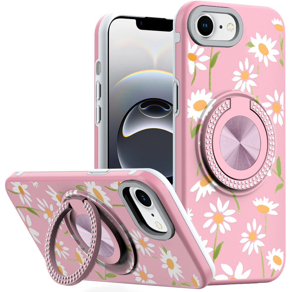 for iphone 17e / 16e / se4 metal diamond cd pattern design matte finished hybrid with rotational ring [car mount friendly] case floral a