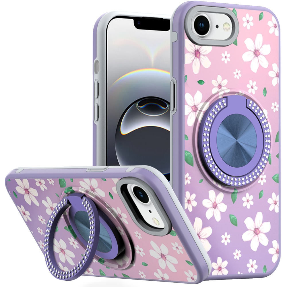 for iphone 17e / 16e / se4 metal diamond cd pattern design matte finished hybrid with rotational ring [car mount friendly] case floral b