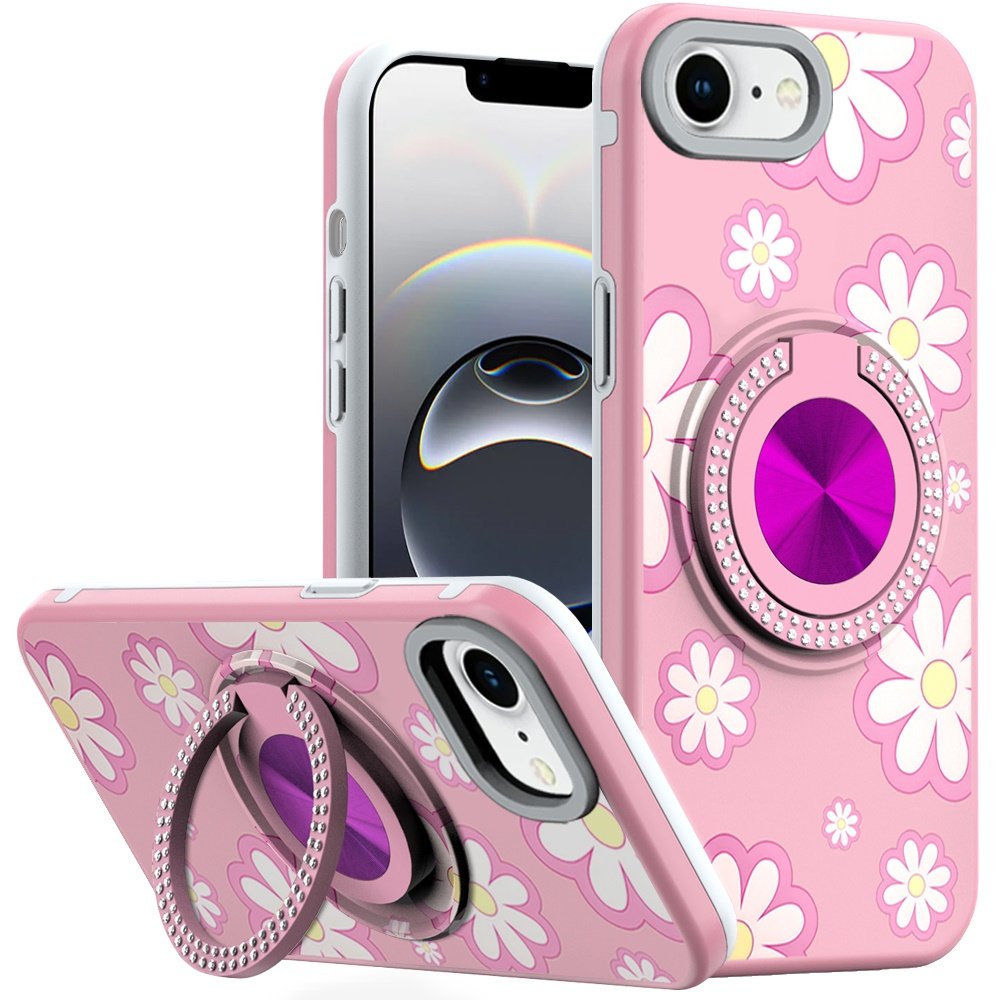 for iphone 17e / 16e / se4 metal diamond cd pattern design matte finished hybrid with rotational ring [car mount friendly] case floral d