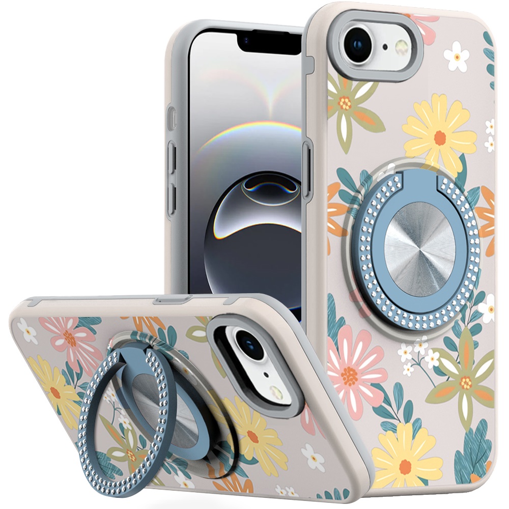 for iphone 17e / 16e / se4 metal diamond cd pattern design matte finished hybrid with rotational ring [car mount friendly] case floral e