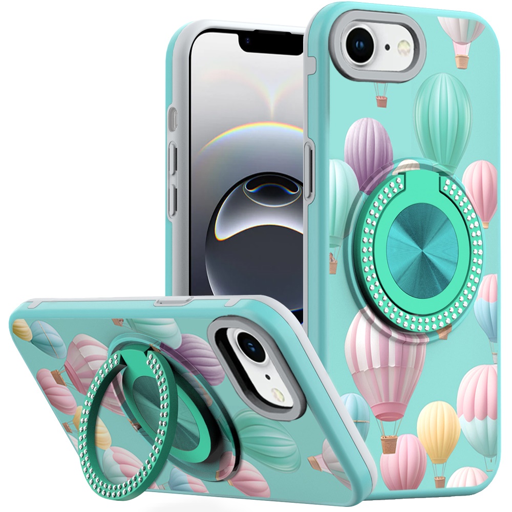 for iphone 17e / 16e / se4 metal diamond cd pattern design matte finished hybrid with rotational ring [car mount friendly] case hot air balloon