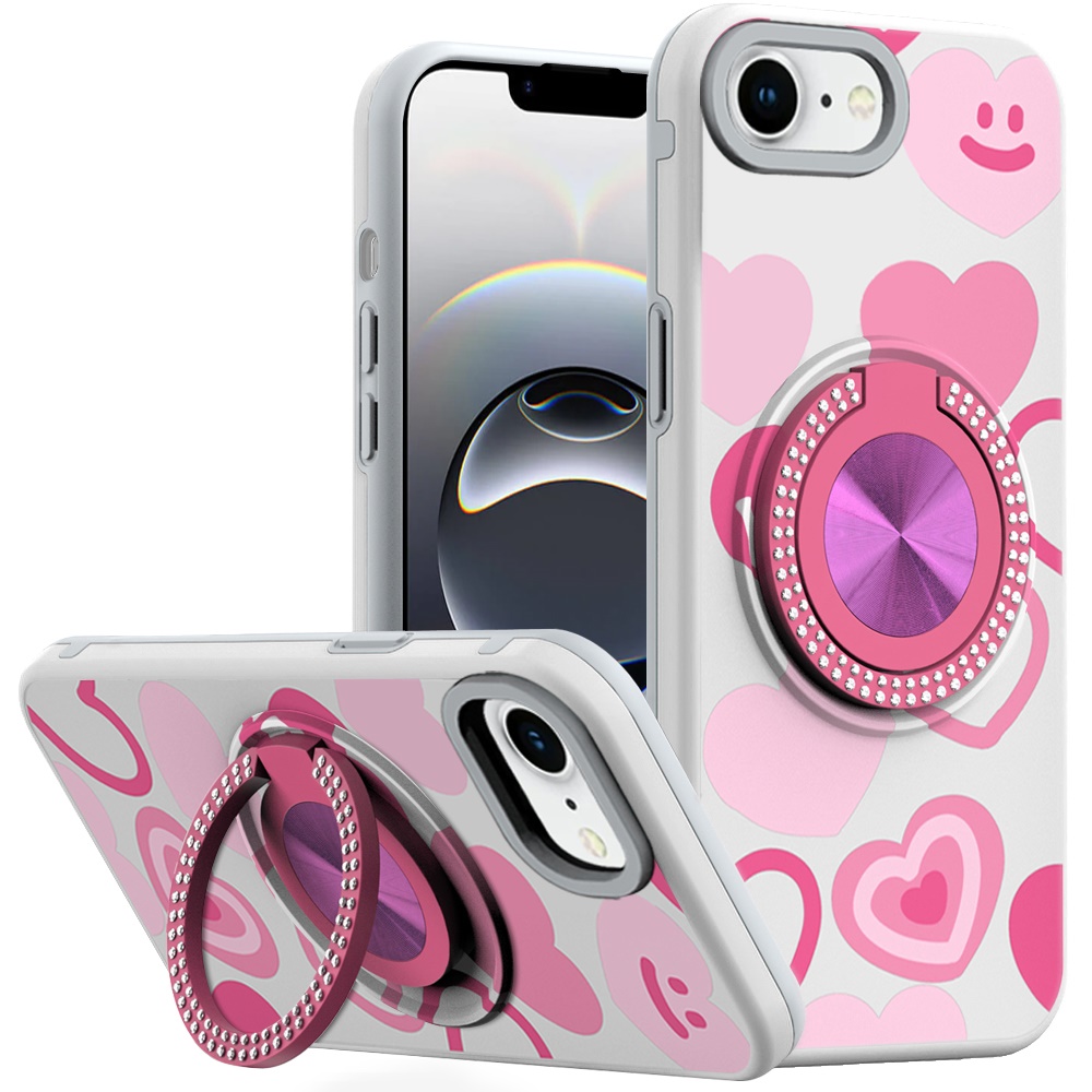 for iphone 17e / 16e / se4 metal diamond cd pattern design matte finished hybrid with rotational ring [car mount friendly] case hearts