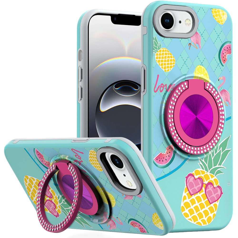 for iphone 17e / 16e / se4 metal diamond cd pattern design matte finished hybrid with rotational ring [car mount friendly] case pineapple