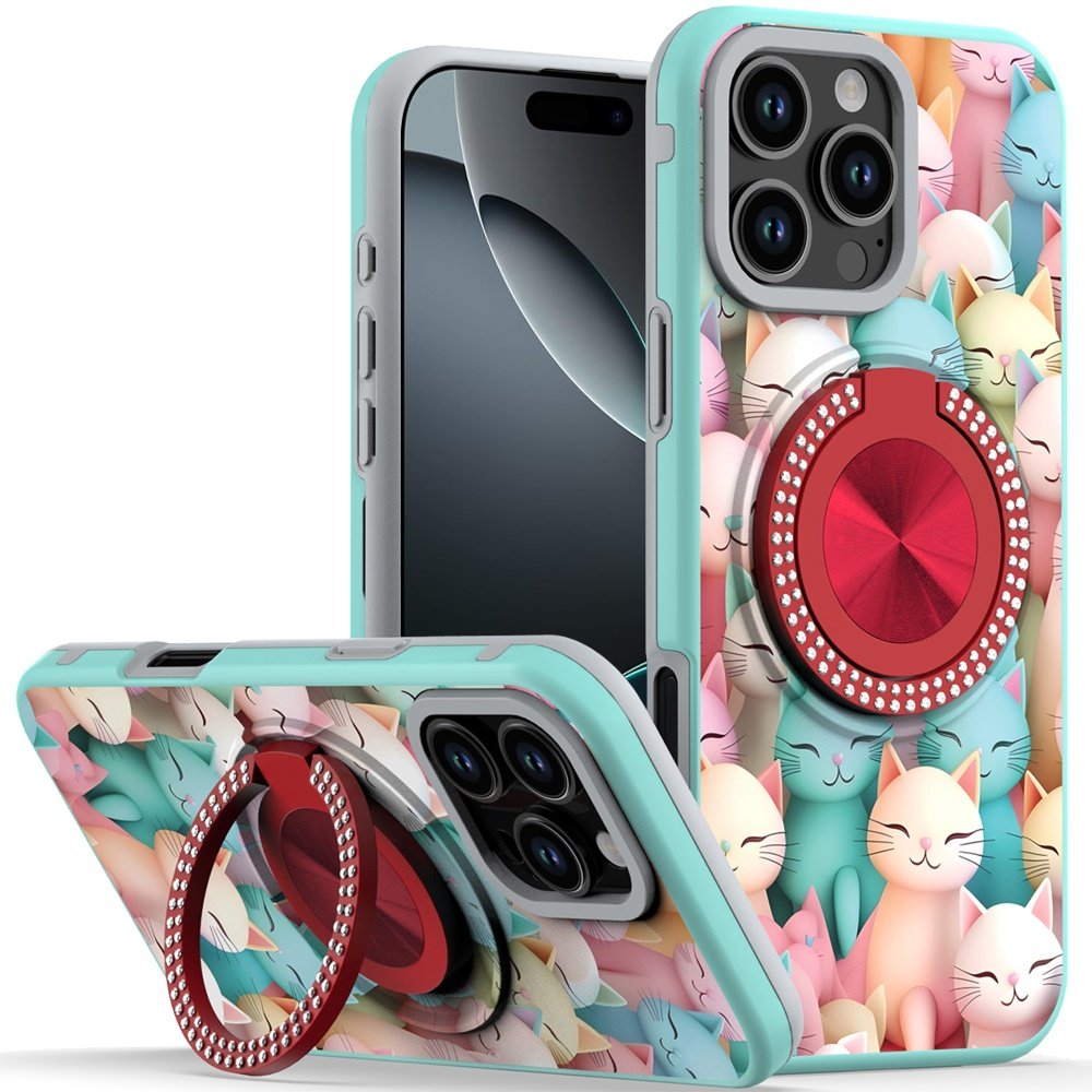 for iphone 16 pro 6.3 inch metal diamond cd pattern design matte finished hybrid with rotational ring [car mount friendly] case cats