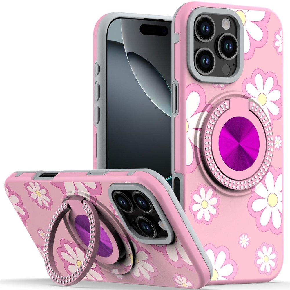 for iphone 16 pro 6.3 inch metal diamond cd pattern design matte finished hybrid with rotational ring [car mount friendly] case floral d