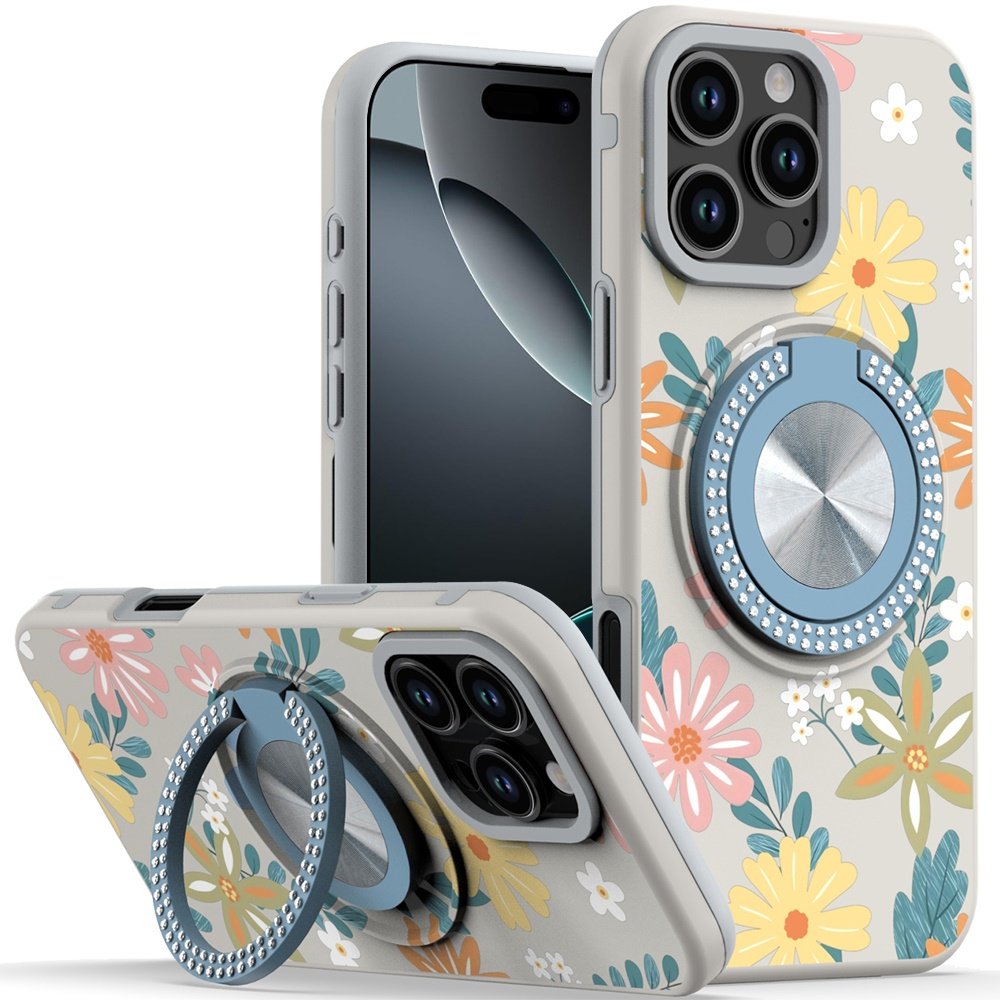 for iphone 16 pro 6.3 inch metal diamond cd pattern design matte finished hybrid with rotational ring [car mount friendly] case floral e