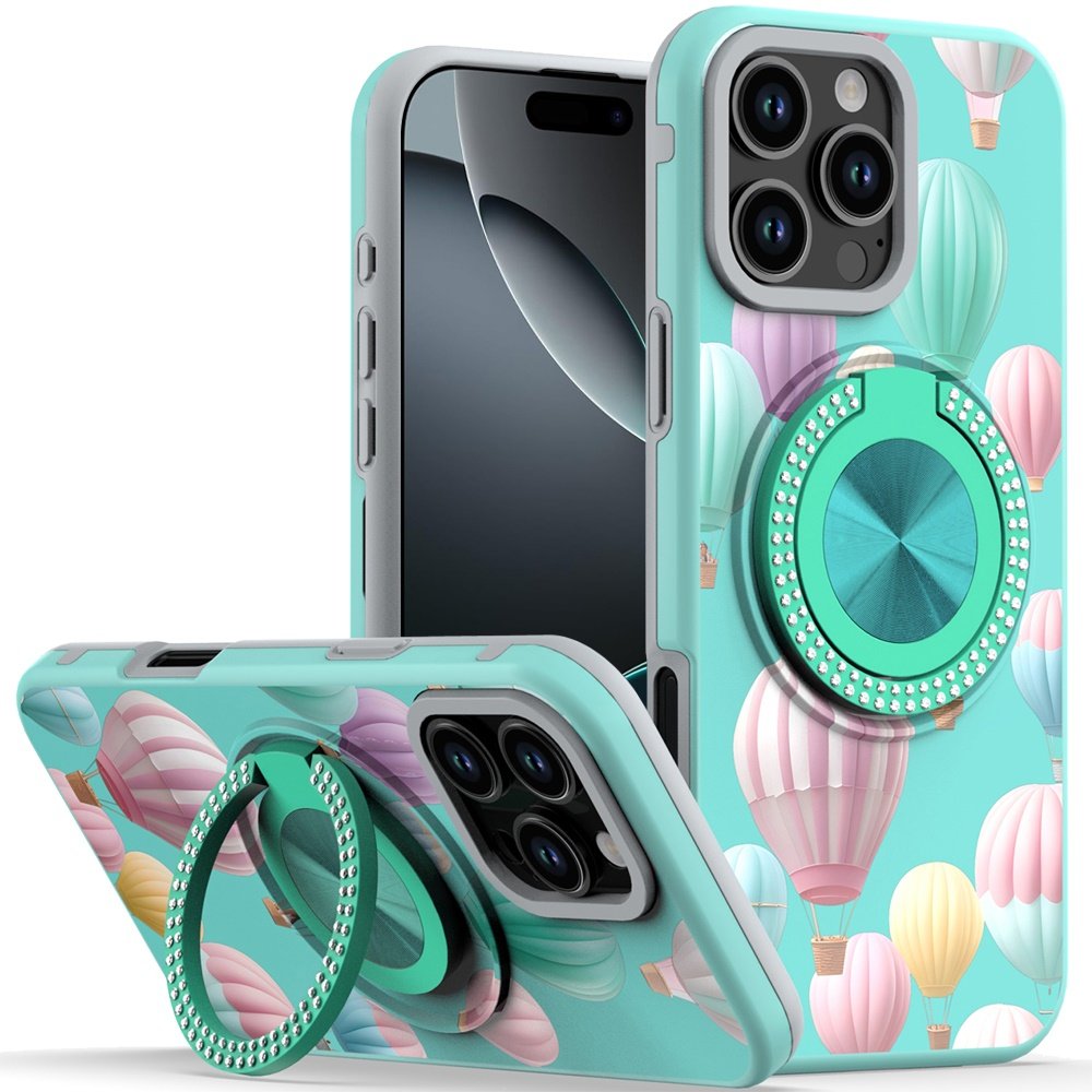 for iphone 16 pro 6.3 inch metal diamond cd pattern design matte finished hybrid with rotational ring [car mount friendly] case hot air balloon