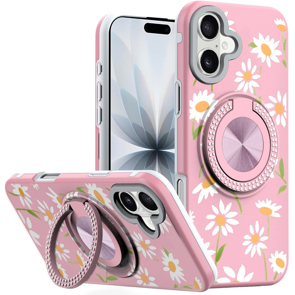 for iphone 17 metal diamond cd pattern design matte finished hybrid with rotational ring [car mount friendly] case floral a