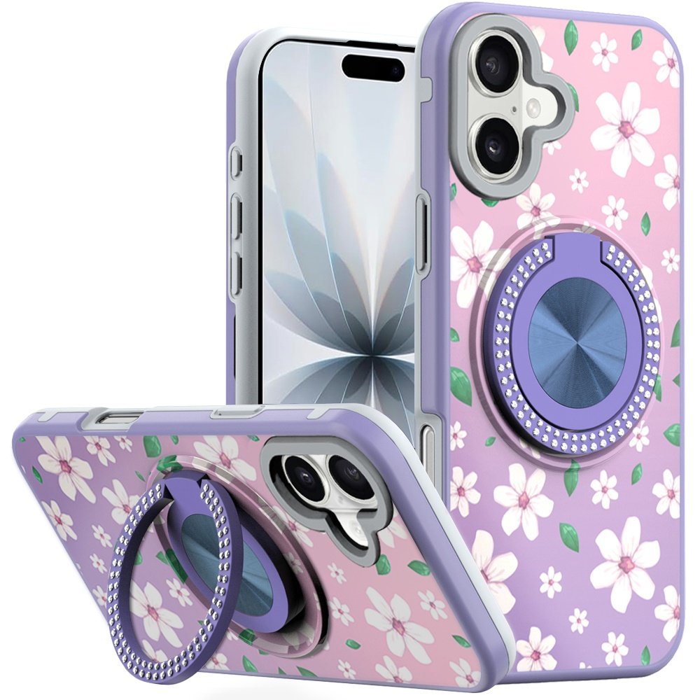 for iphone 17 metal diamond cd pattern design matte finished hybrid with rotational ring [car mount friendly] case floral b