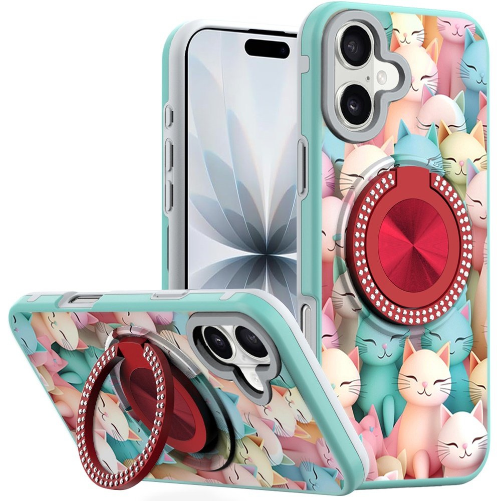 for iphone 17 metal diamond cd pattern design matte finished hybrid with rotational ring [car mount friendly] case cats