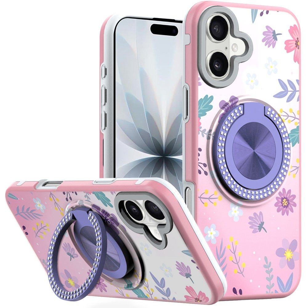for iphone 17 metal diamond cd pattern design matte finished hybrid with rotational ring [car mount friendly] case floral c
