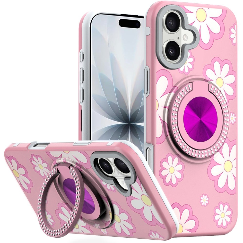 for iphone 17 metal diamond cd pattern design matte finished hybrid with rotational ring [car mount friendly] case floral d