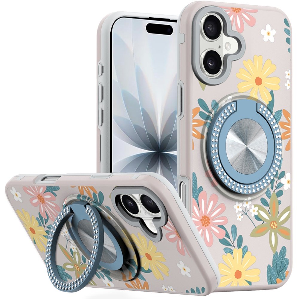 for iphone 17 metal diamond cd pattern design matte finished hybrid with rotational ring [car mount friendly] case floral e