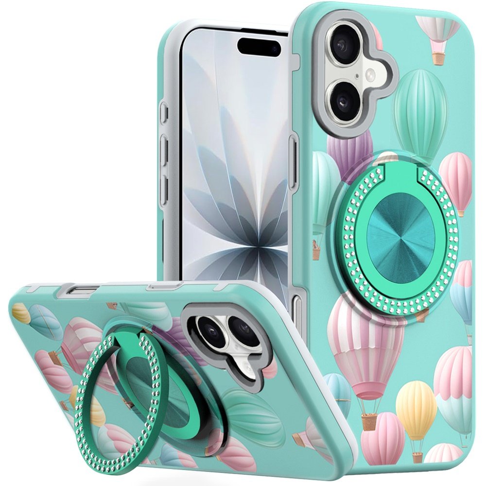 for iphone 17 metal diamond cd pattern design matte finished hybrid with rotational ring [car mount friendly] case hot air balloon