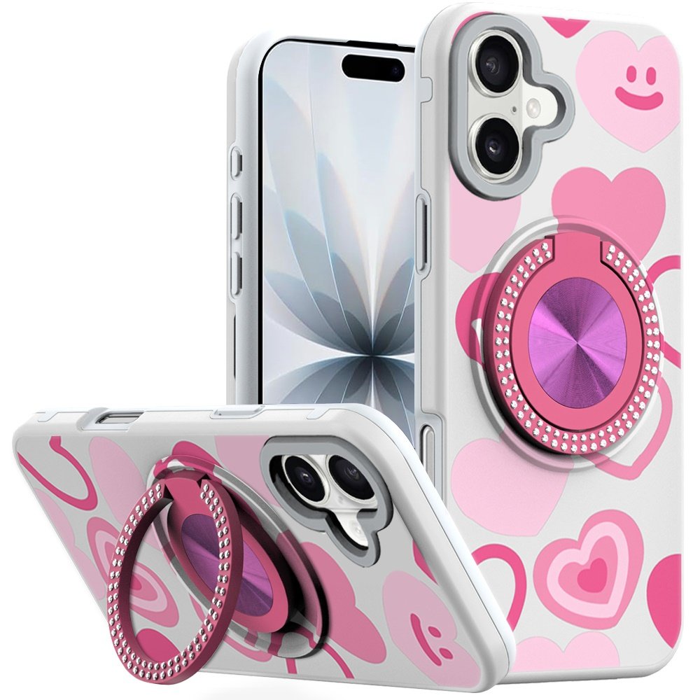 for iphone 17 metal diamond cd pattern design matte finished hybrid with rotational ring [car mount friendly] case hearts