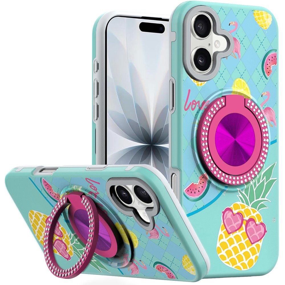 for iphone 17 metal diamond cd pattern design matte finished hybrid with rotational ring [car mount friendly] case pineapple