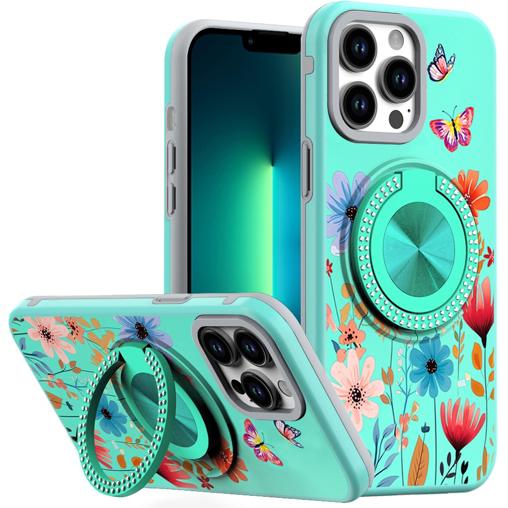 for iphone 13 pro max metal diamond cd pattern design matte finished hybrid with rotational ring [car mount friendly] case 12