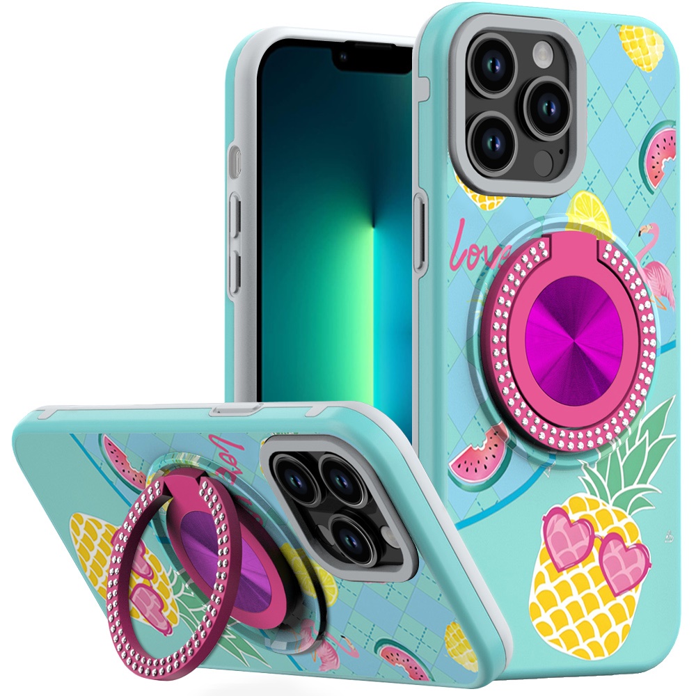 for iphone 13 pro max metal diamond cd pattern design matte finished hybrid with rotational ring [car mount friendly] case pineapple
